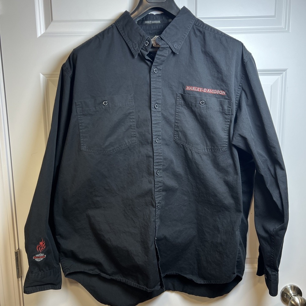 Harley-Davidson Mens Long Sleeve Collared Heavyweight Knit Shirt Flames Patch XL